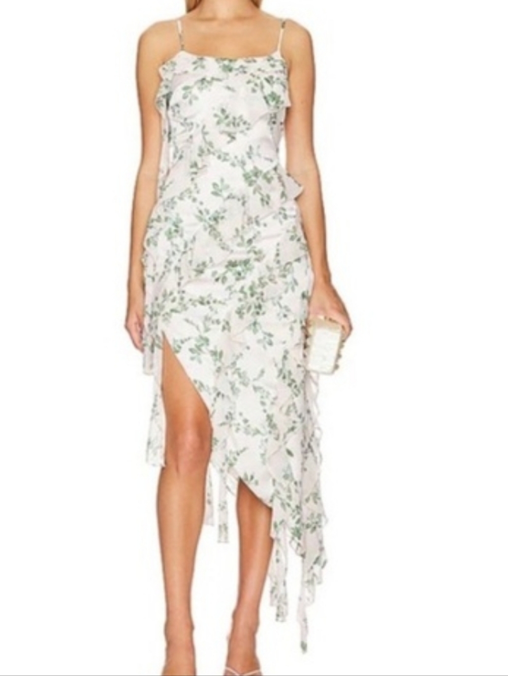 Misa Los Angeles Cream Slip Dress with Green Botanical Print and Asymmetric Hem